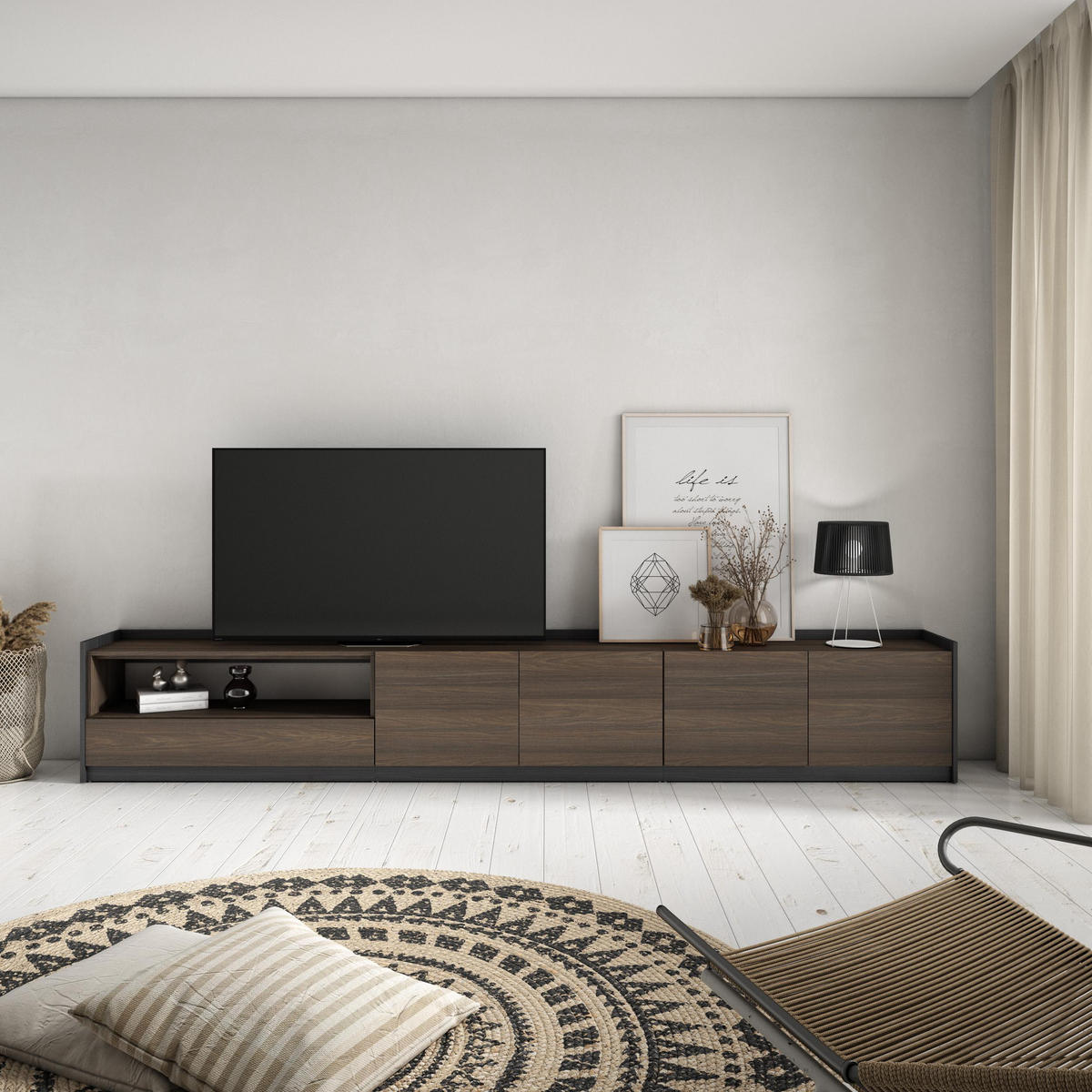 TV-SCHRANK, Lowboard, Dunkler Eiche und Schwarz, 310/37/50cm - Dunkelbraun, Holzwerkstoff (310/50/37cm) - Skraut Home