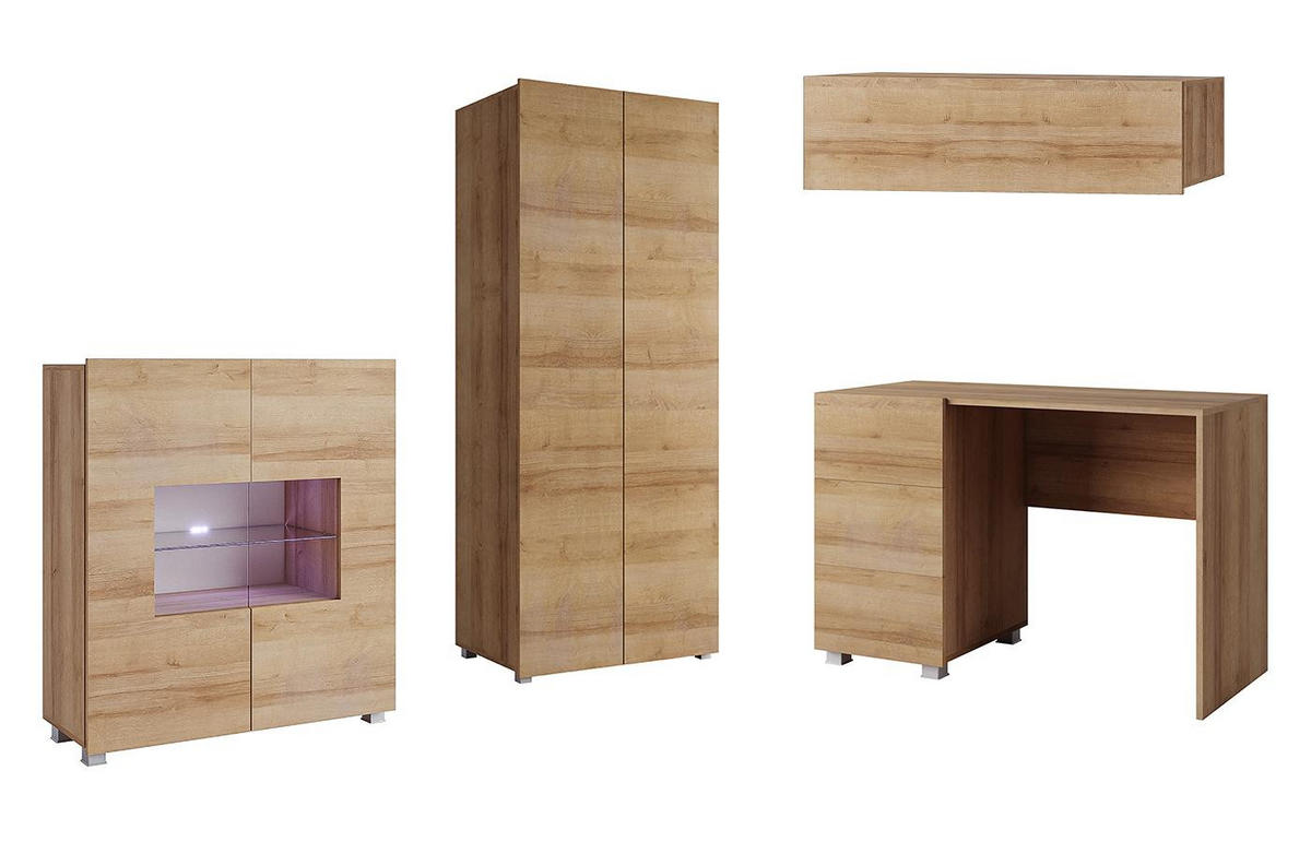 WOHNWAND Kossana 8 Modern Goldene Eiche matt 290/200/52 cm - Funktional Modern - Hellbraun, Holzwerkstoff/Kunststoff (290/200/52cm) - AX Living