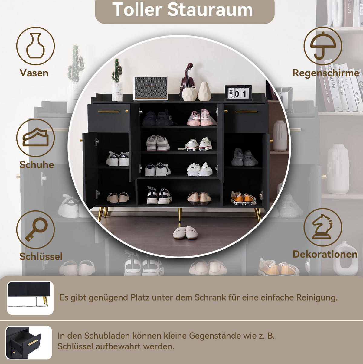 SCHUHSCHRANK aus Spanplatte 130x37x100cm in Schwarz mit 2 Schubladen - Schwarz, Holzwerkstoff (130/100/37cm) - Modfu