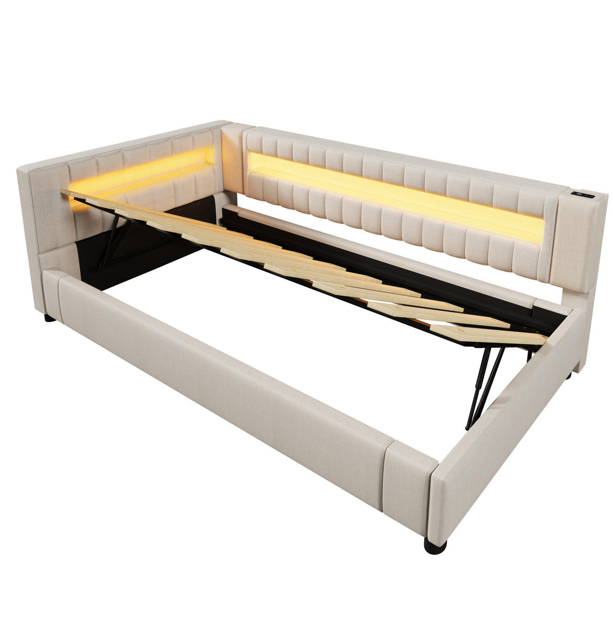 POLSTERBETT 90/200 cm aus MDF und Sperrholz mit Leinenbezug LED-Beleuchtung und Stauraum Grau - Grau, Holzwerkstoff (90/200cm) - Modenvie