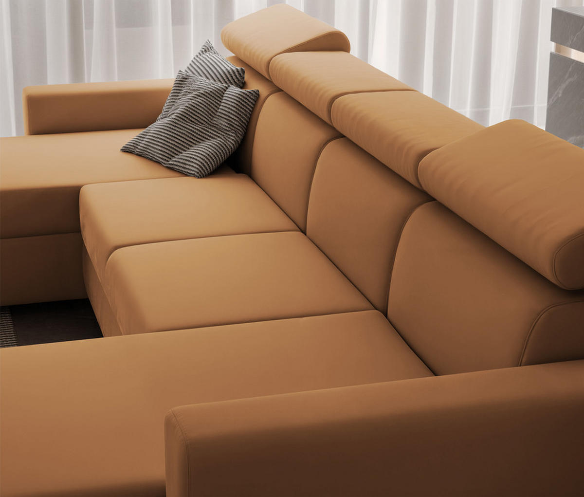 WOHNLANDSCHAFT BENI U II mit verstellbaren Kopfstützen und Schlaffunktion, Farbe: Orange - Schwarz/Orange, Kunststoff/Textil (302/60/166cm) - Idohome
