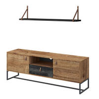 LOWBOARD MIT WANDREGAL Dark Ribbeck Eiche / black stone 153 / 39 / 54cm - Eichefarben/Multicolor, Leder/Holz (153/54/39cm) - Feldmann-Wohnen