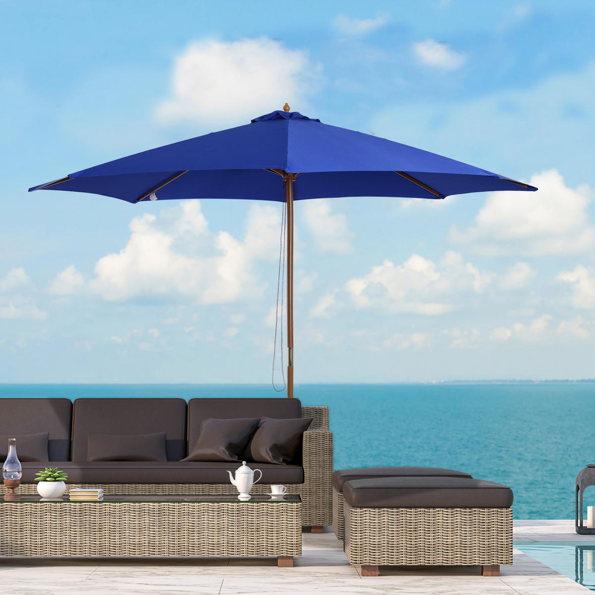 SONNENSCHIRM, Bambus, Polyester, Blau - Blau, Holz (300/300cm) - Outsunny
