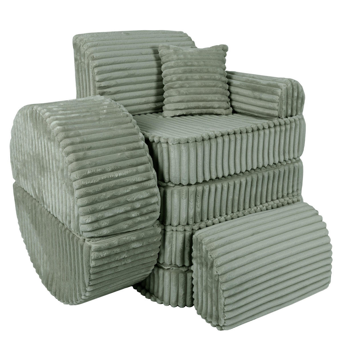 KINDERSOFA Pocket Max modular 12-tlg. aus Plüschcord in Salbeigrün - Olivgrün, Textil (120/25/60cm) - MeowBaby