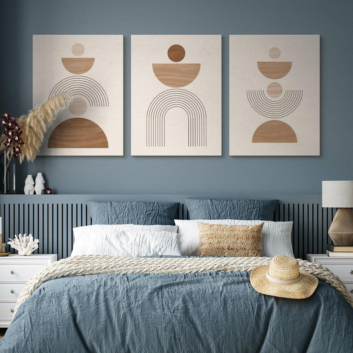 LEINWANDBILDER 3-er Set Geo-Muster Boho - Beige/Weiß, Textil (90/40cm) - Muralo