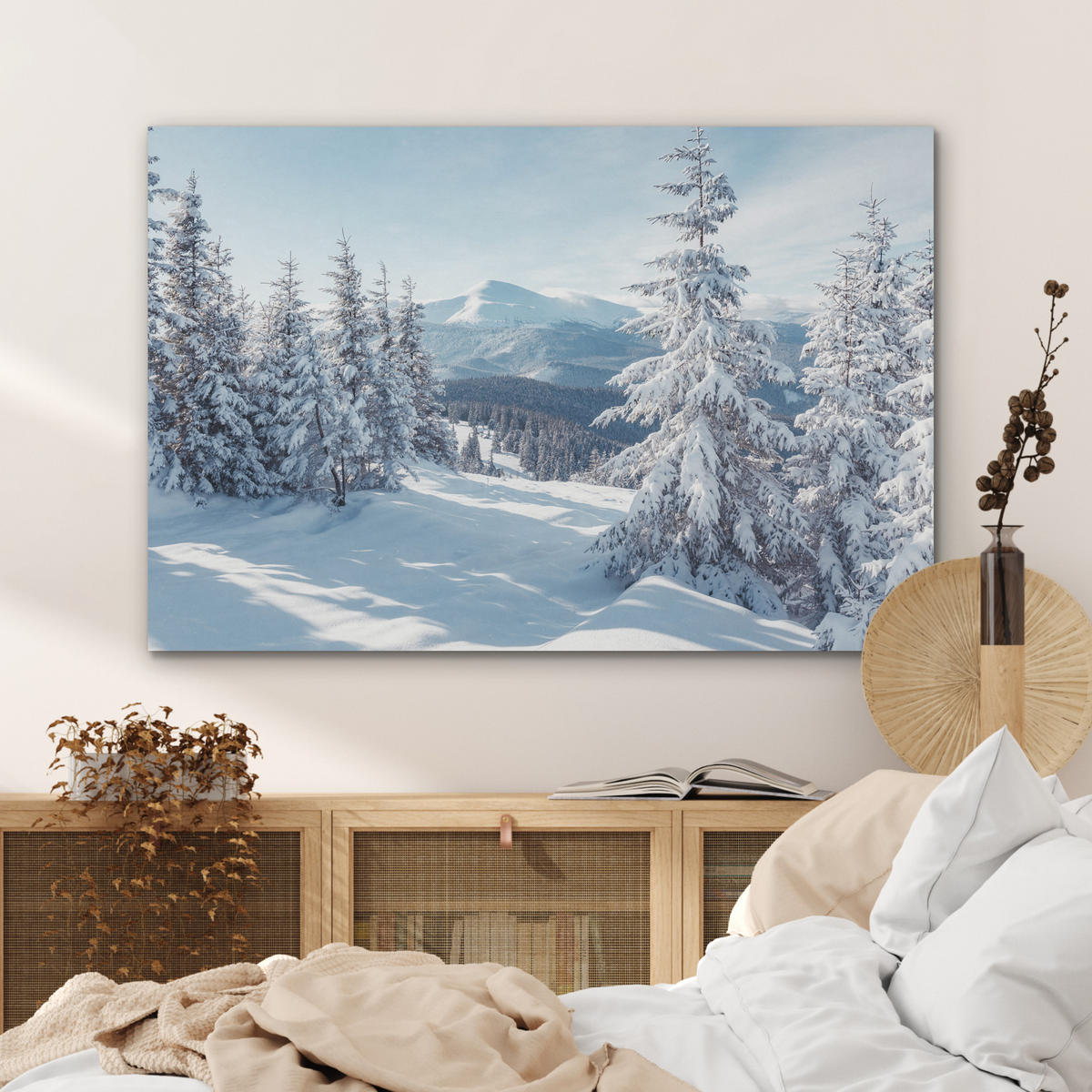 AKUSTIKBILD Winterlandschaft - Natur - Berge - Bäume - Schnee Akustikpaneele 90x60 cm - Hellblau, Kunststoff (90/60/0.9cm) - MuchoWow