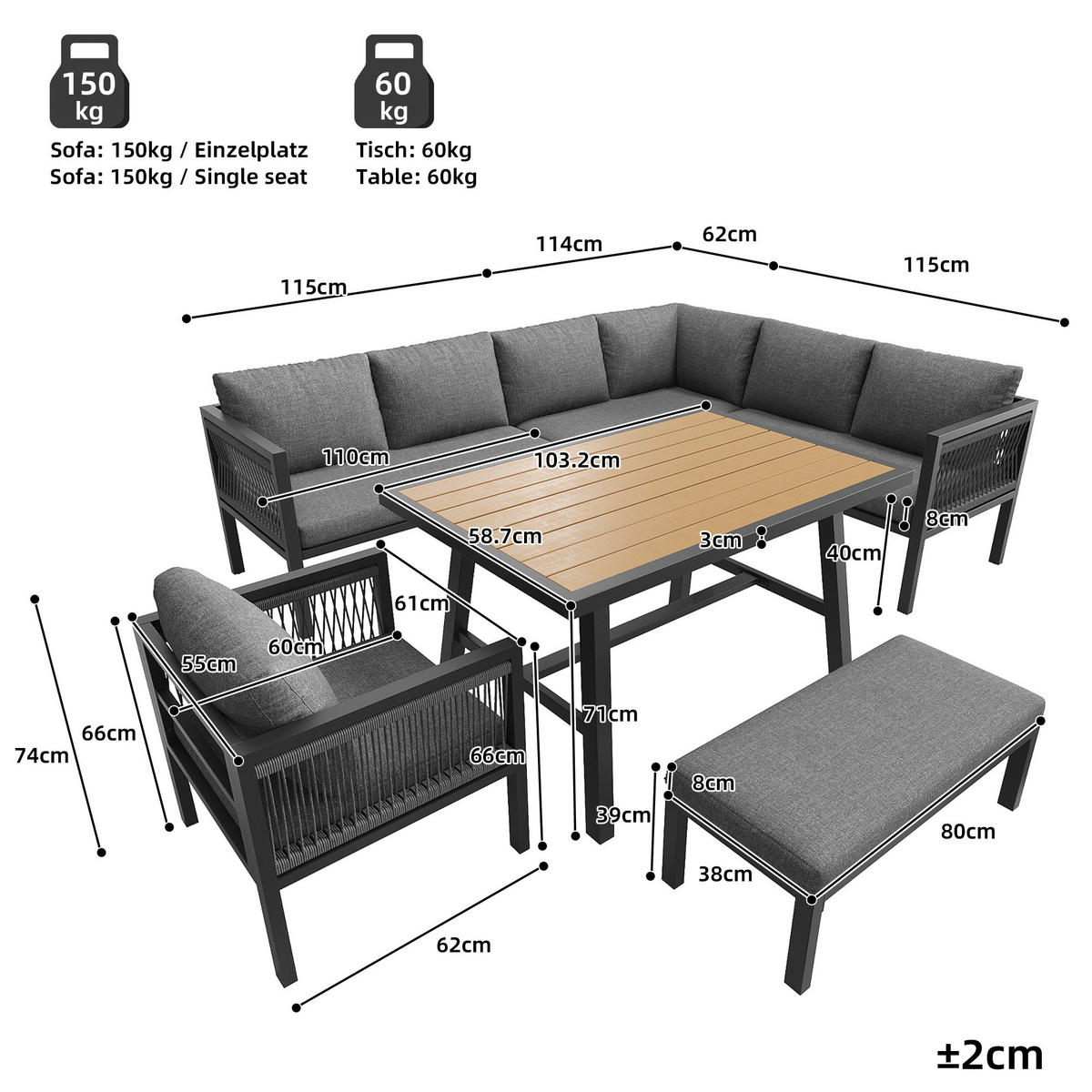 GARTENLOUNGE 6tlg Grau Beige Ecksofa Tisch Hocker wetterfest - Grau, Metall - FLIEKS
