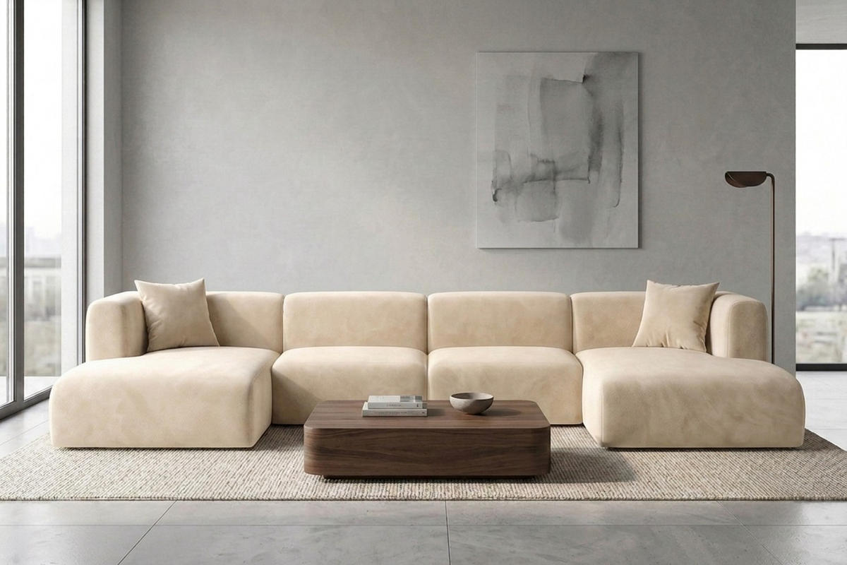 ECKSOFA U-Form, Velvet-Stoff Bluvel, Creme, GRETA - Creme, Holz (408/70/179cm) - Kaiser Möbel