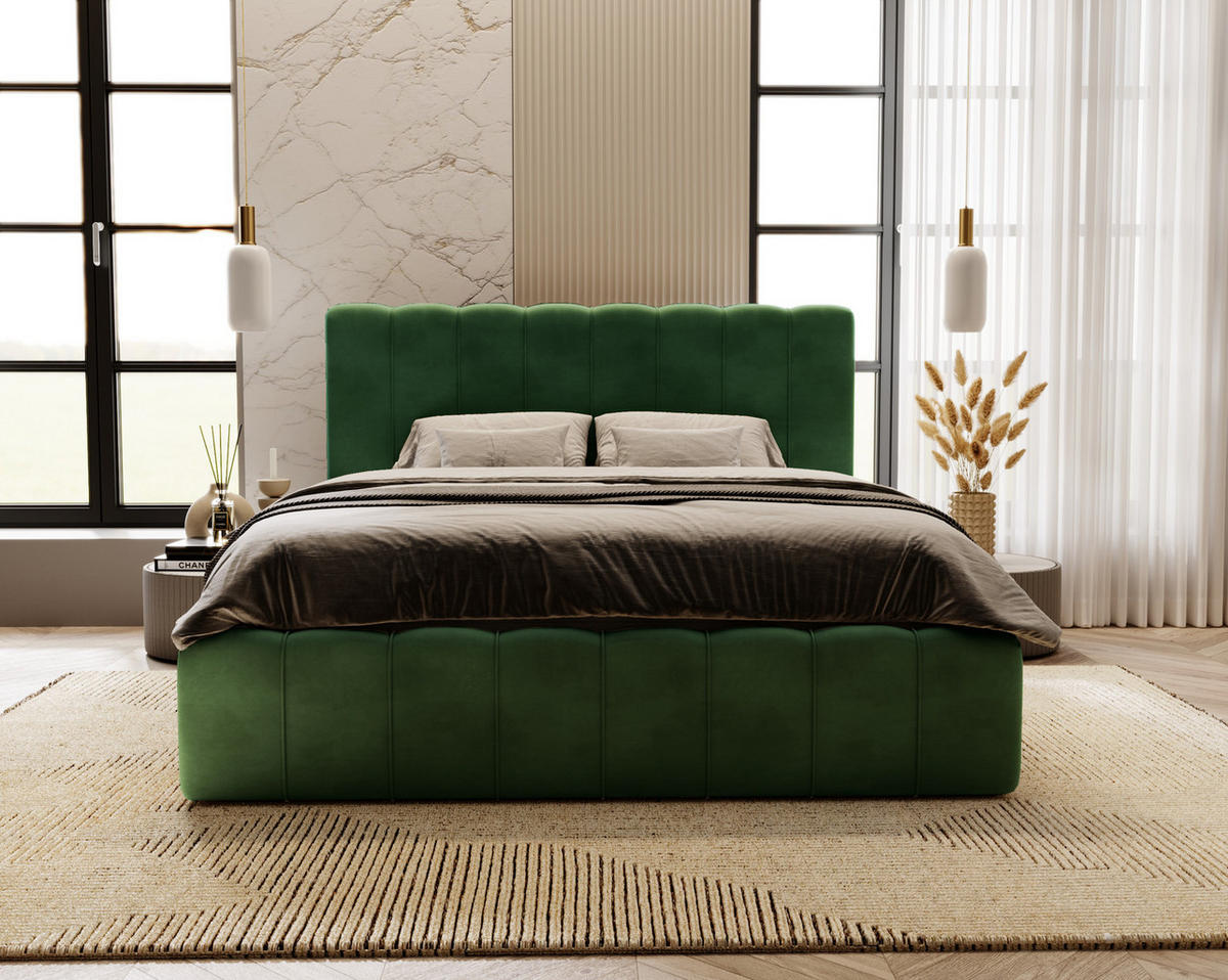 DOPPELBETT mit Bettkasten 200x200 Porto, Lattenrost, Grün - Grün, Holz/Textil (200/200cm) - Emporius