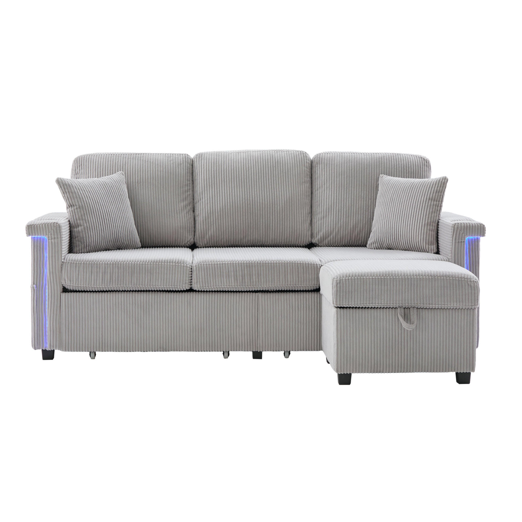 MODULARES Sofa Corduroy mit LED und USB-Anschluss Stauraum und Taschen 194/73/81 cm Hellgrau - Hellgrau, Textil (73/194cm) - Redom