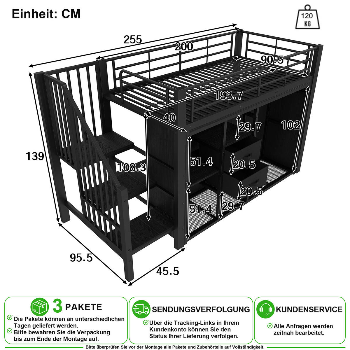 HOCHBETT 90/200 cm in Schwarz mit 2 Schubladen, LED und Kleiderbereich - Schwarz, Holzwerkstoff/Metall (90/200cm) - CHICFURN