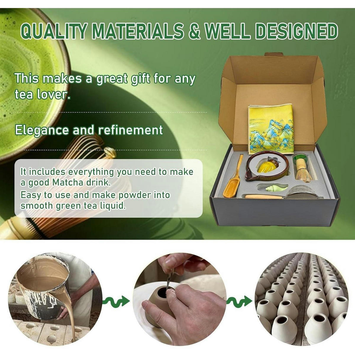 MATCHA Tee Set 9-teiliges Set mit Schale und Besen - Grün, Keramik (14/7/18.5cm)