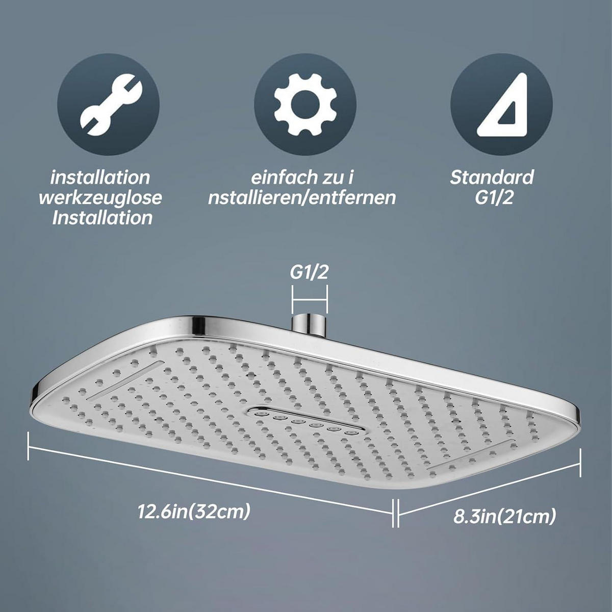 DUSCHKOPF 12 Zoll Quadratisch Chrom mit Wasserfall und Anti-Kalk-Düsen - Silberfarben, Metall (18/12.7/26cm)