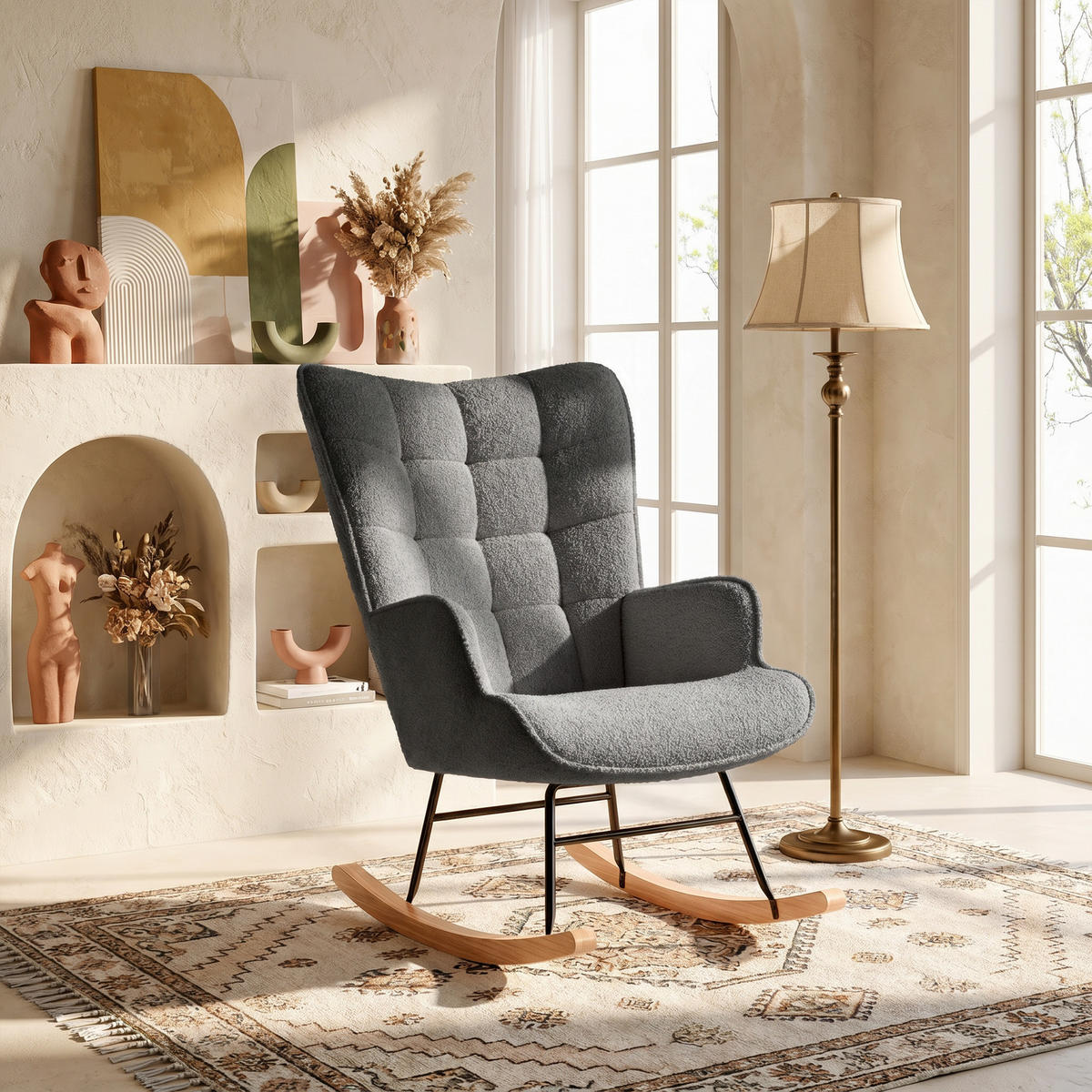 SCHAUKELSTUHL, Entspannend, Teddy-Velours, Belastbarkeit 120 kg, Dunkelgrau - Dunkelgrau/Kieferfarben, Holz/Textil (68/92/75cm) - GENKI LIVING