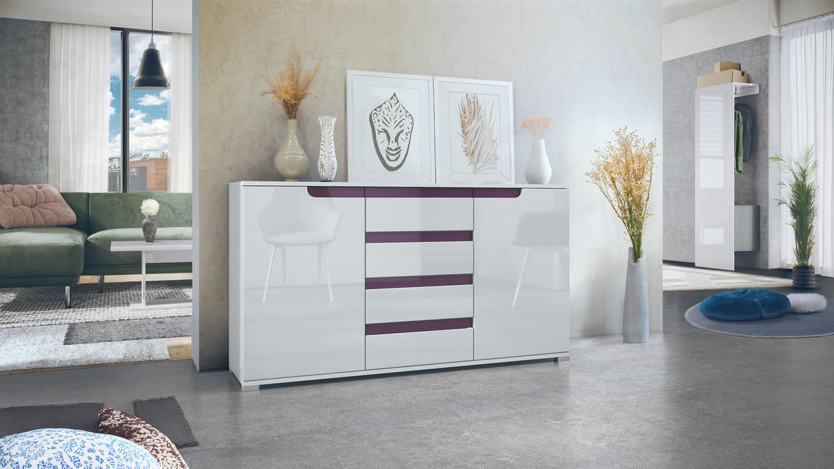 SIDEBOARD Sylt Weiß Hochglanz / Brombeer Hochglanz - Weiß Hochglanz, Holzwerkstoff (138.5/75.5/35cm) - Vladon