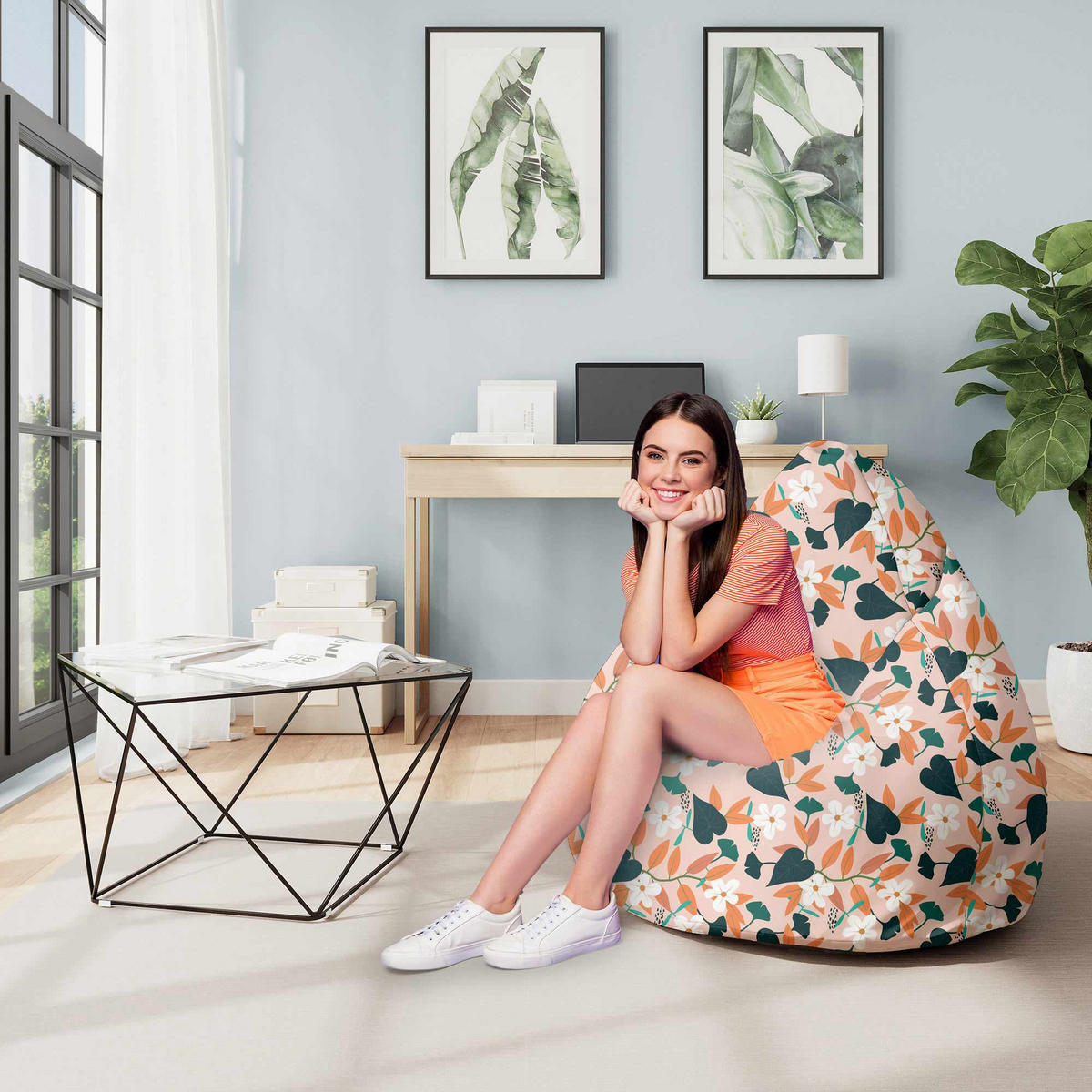 SITZSACK MIT FUßSTÜTZE Velvet 2-tlg Splash Floral Pattern M - Hellblau, Textil (80/120/80cm) - Dreamroots