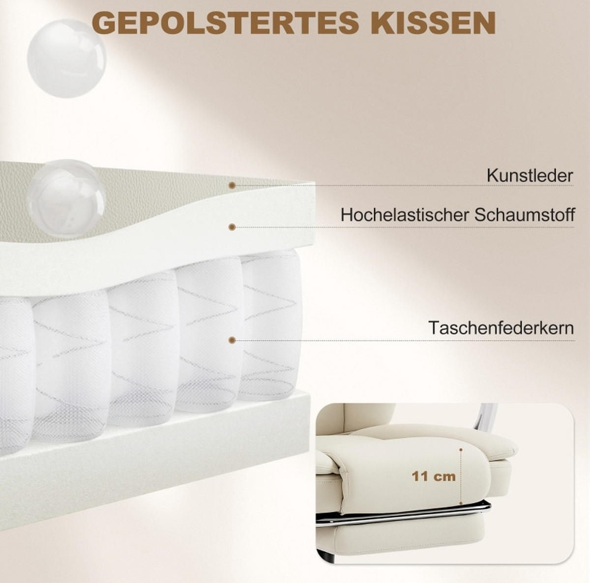 BÜROSTUHL in Beige 64x73x120 cm mit verstellbarer Rückenlehne und ausziehbarem Fußteil - Beige, Kunststoff (73/120/64cm) - IVMEU