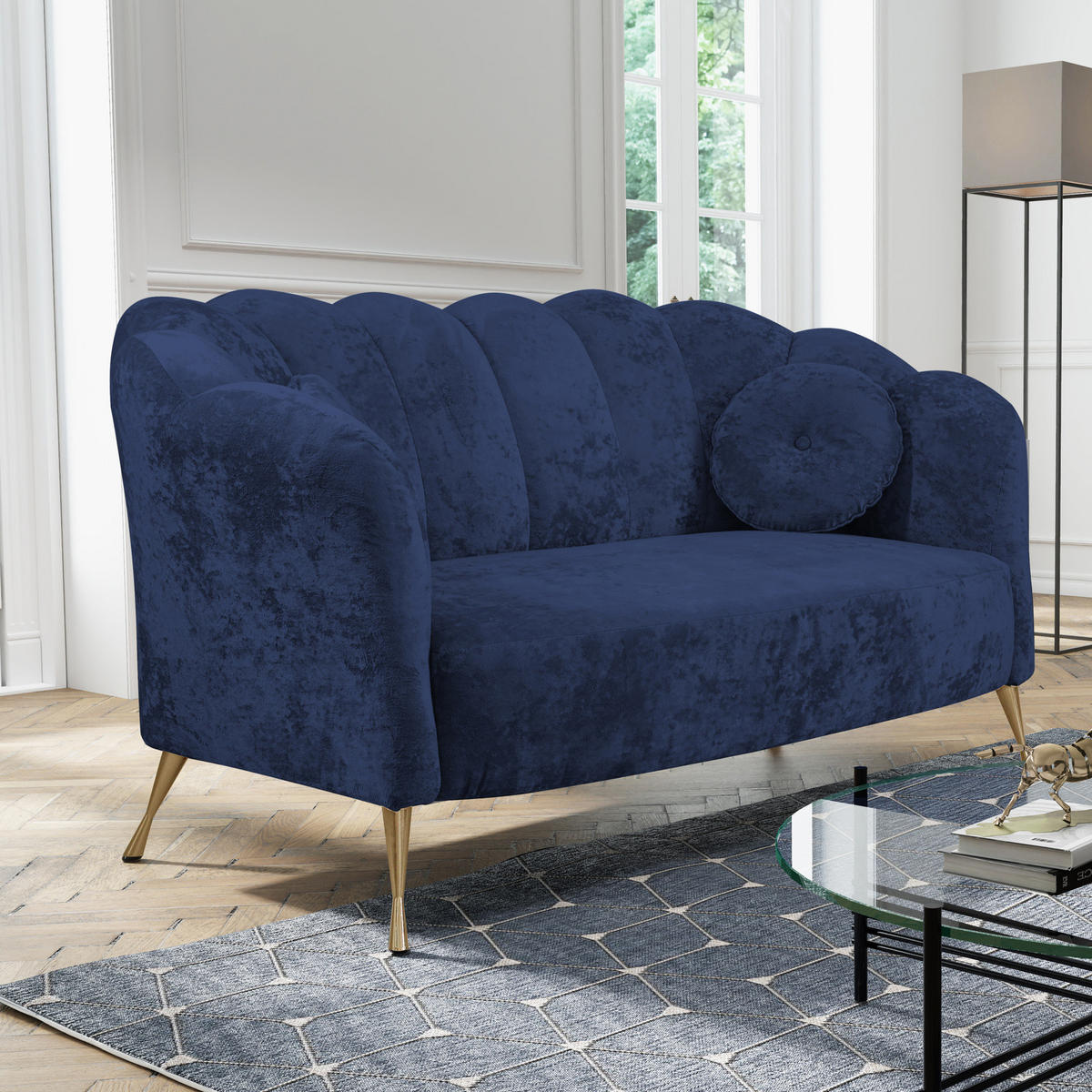 SOFA Adria 2-Sitzer 155x78x83 mit Metallfüßen - Goldfarben/Dunkelblau, Holz/Textil (155/78/83cm) - Ravio
