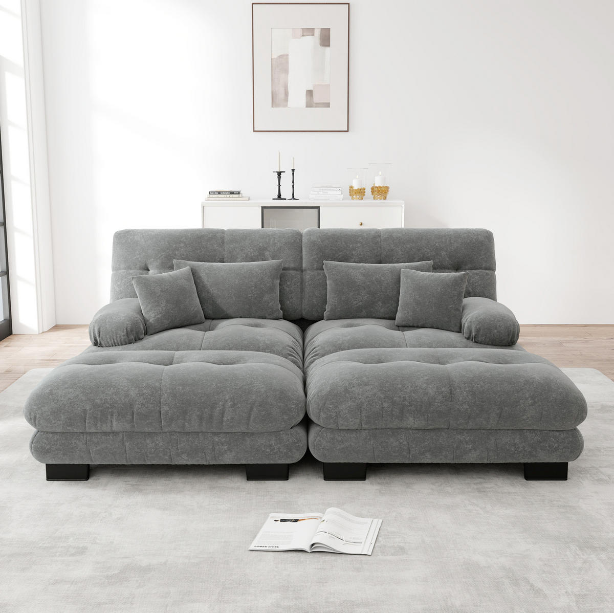 SOFA modular Chenille Grey mit 2 Ottomans und Kissen - Hellgrau, Kunststoff (145/81/220.1cm) - Meubliv