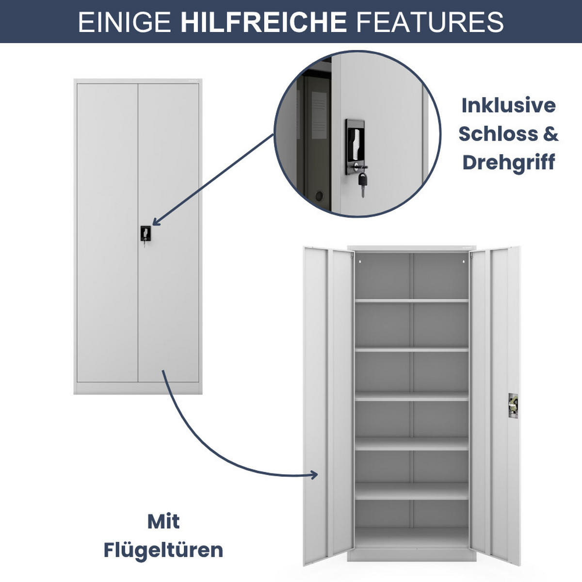 AKTENSCHRANK abschließbar KADO Flügeltüren 220x90x40cm Grau - Grau, Metall (90/220/40cm) - DELUKE