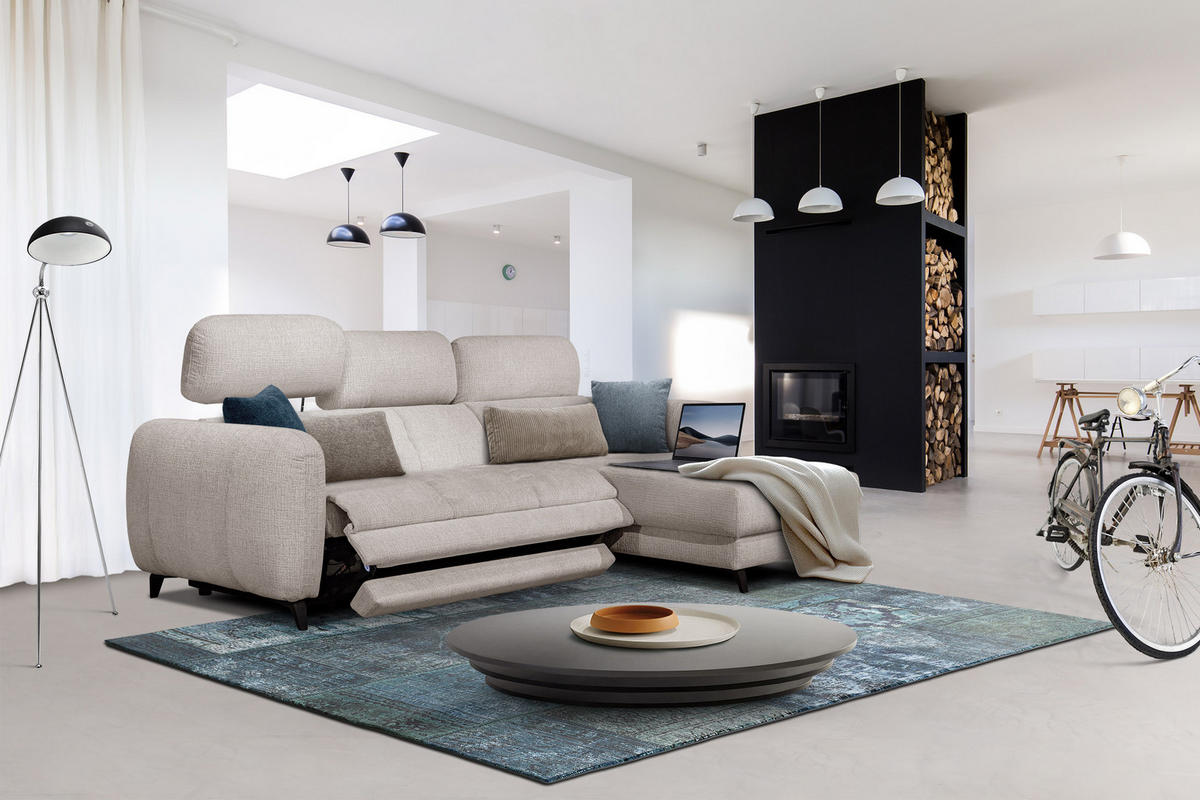 ECKSOFA SVEN 3-Sitzer, 1 Relax XL, verstellbare Kopfstützen, creme - Creme/Schwarz, Holzwerkstoff/Textil (256/163cm) - Courtois Laville