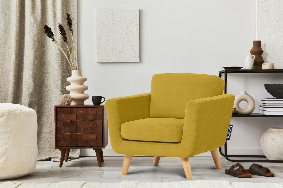 SESSEL TAGIO Massivholz-Beine, Gelb - Gelb/Braun, Buchenholz/Textil (86/80/88cm) - KONSIMO®