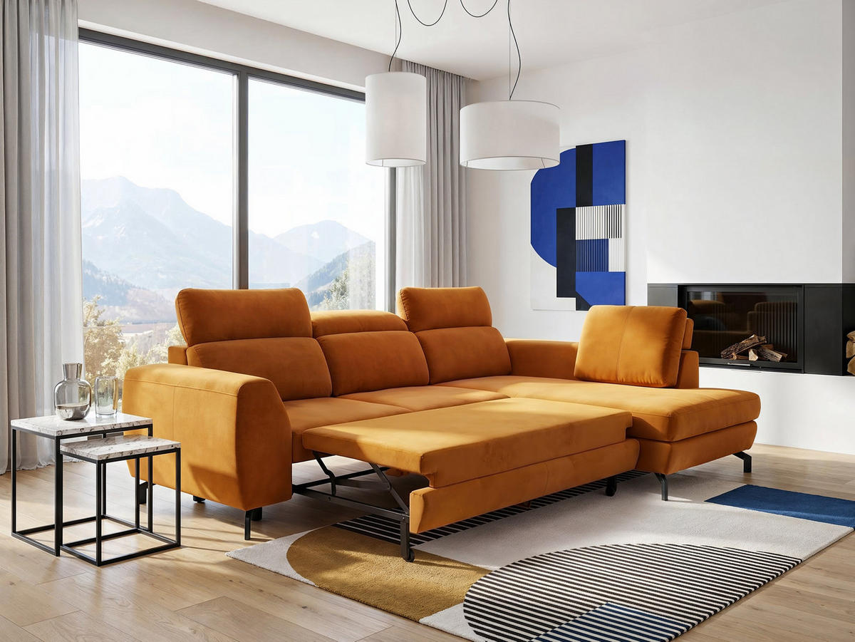 ECKSOFA ANTE Rechts, mit Schlaffunktion und Bettkasten, Senfgelb - Currygelb, Textil/Metall (266/184cm) - Idohome