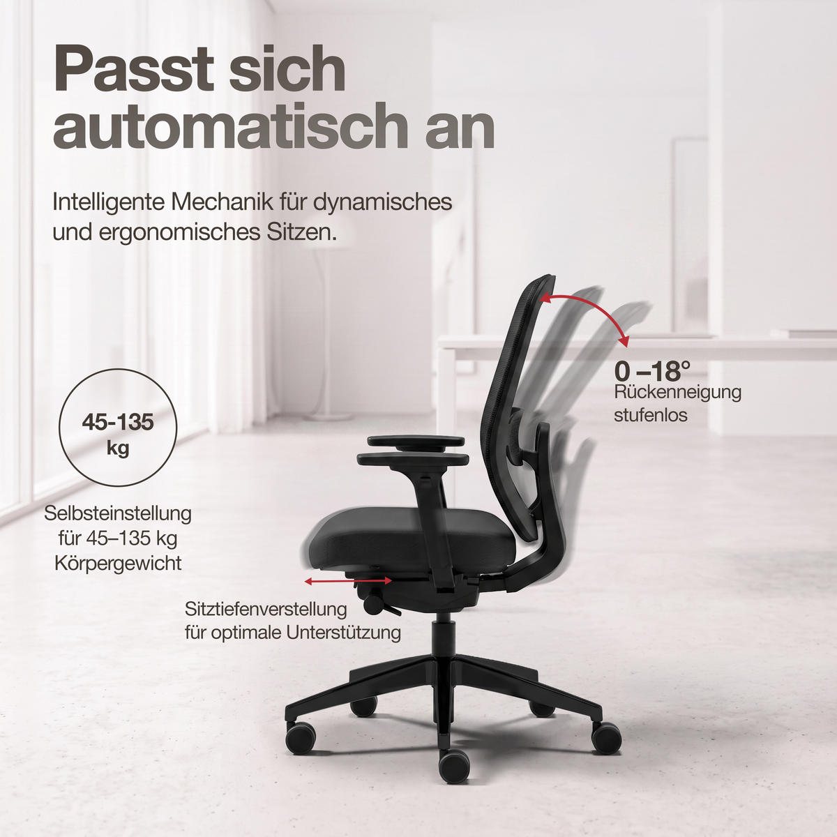 DREHSTUHL Ergonomischer Bürostuhl Atessa mit Netzrücken / Keine Schwarz Netzrücken für Luftzirkulation - Schwarz, Textil (62.5/99.8/45cm) - ASSMANN