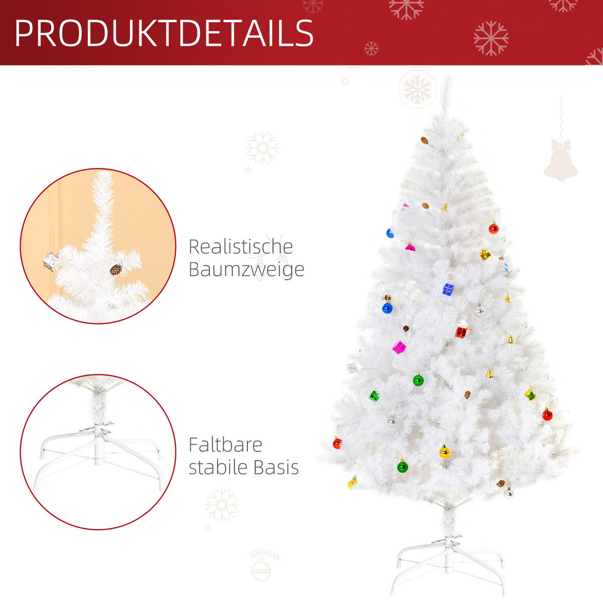 WEIHNACHTSBAUM Christbaum Tannenbaum 150/180cm PVC 680 Spitze inkl. Deko Weiß - Weiß, Metall (180cm) - HOMCOM