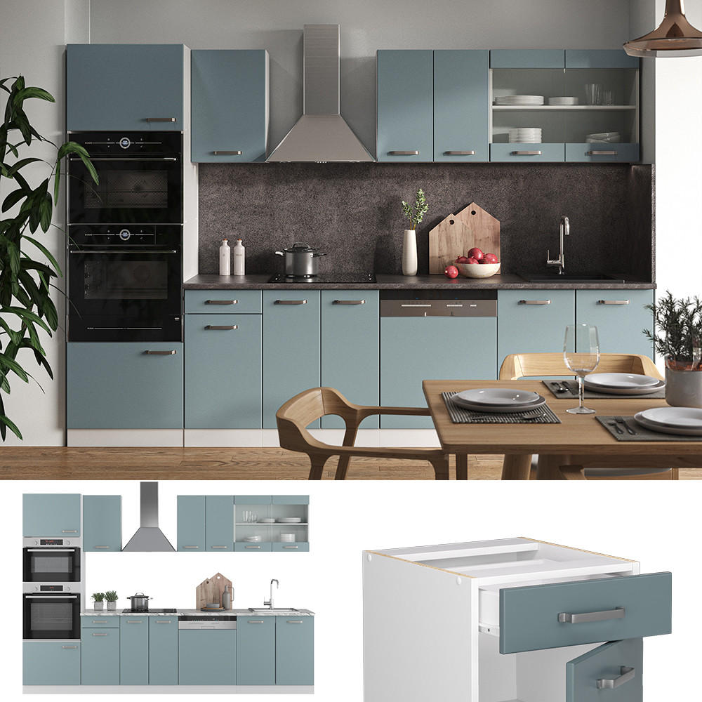 KÜCHENZEILE R-Line Blau-Grau 300 cm mit Hochschrank, AP Marmor - Blaugrau/Weiß, Holzwerkstoff (300/81.6/60cm) - Vicco