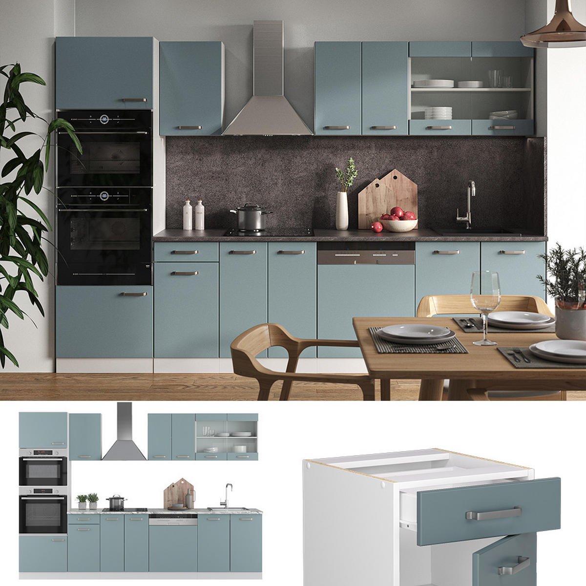 KÜCHENZEILE R-Line Blau-Grau/Weiß 300 cm mit Hochschrank, AP Eiche - Blaugrau/Weiß, Holzwerkstoff (300/81.6/60cm) - Vicco