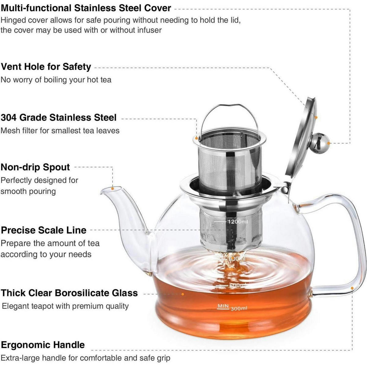 TEEKANNE mit Siebeinsatz 1200 ml Borosilikatglas Hitzebeständig - Transparent, Glas (13.5/13.5cm)