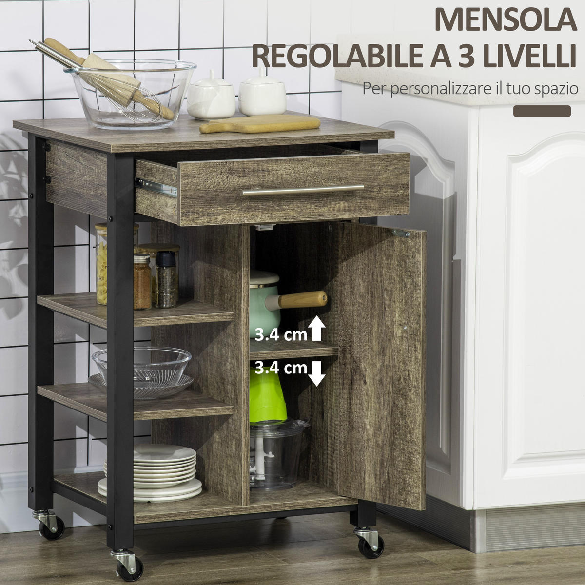 KÜCHENWAGEN, Wagen mit Schublade und Schrank, 60 x 50 x 84,5 cm, Eiche - Multicolor, Metall (60/84.5/50cm) - FORIOUS