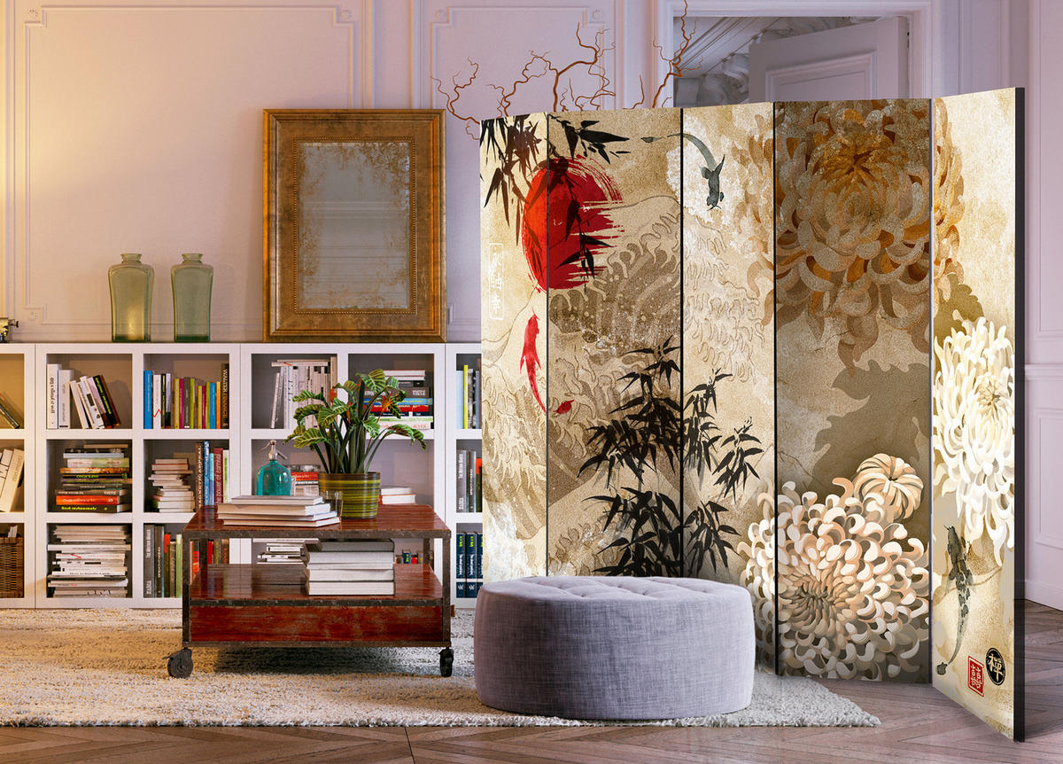 PARAVÁN Jednostranný 5-Dielny 225x172 cm Japonské koi kapry - hnedá, drevo/textil (225/172/3cm) - Muralo
