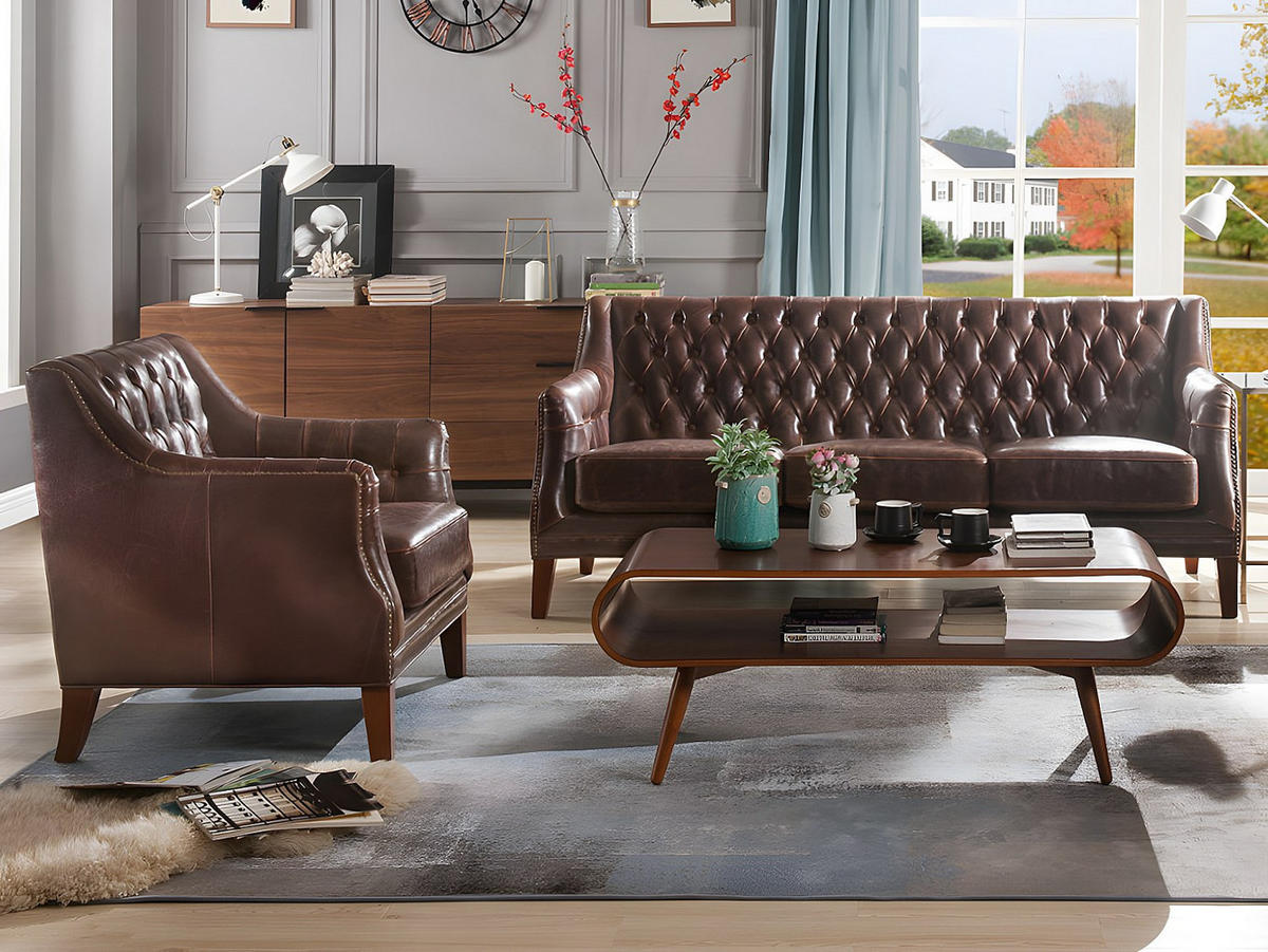 COUCHGARNITUR mit Sessel - 4 Personen - leder - schokoladenbraun Colbert - Braun, Leder/Holz (194.5/84/84cm) - Vente-Unique