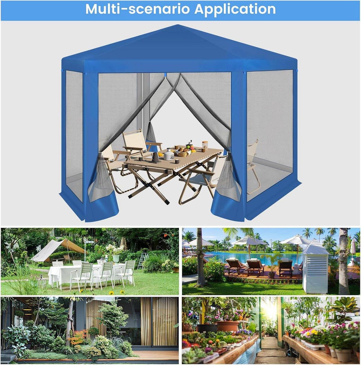 PAVILLON 3,8x3,3 m seckeckig, Gartenpavillon mit Seitenwänden Moskitonetz - Blau, Metall (380/250/330cm) - Woltu