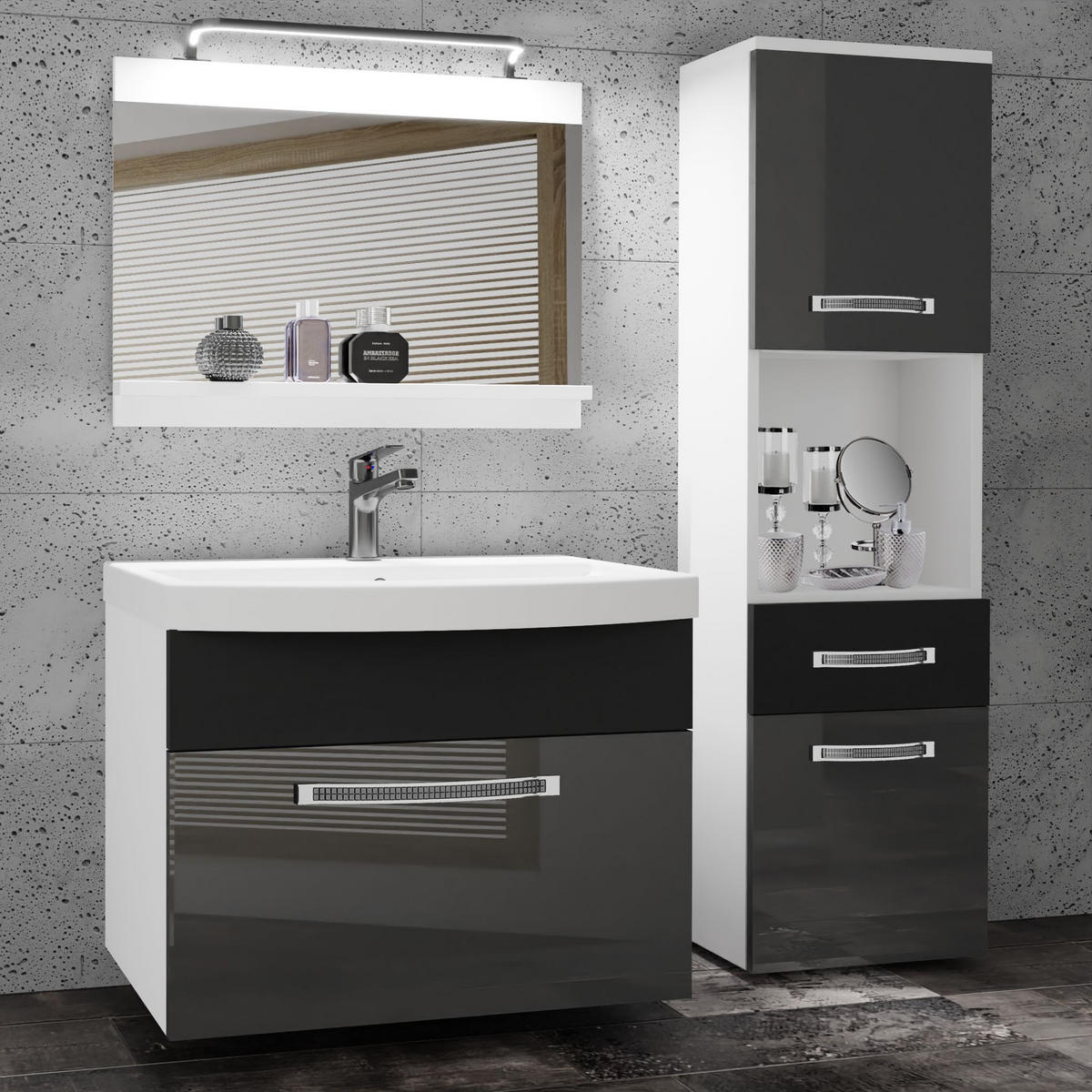 BADMÖBEL Badezimmer Silber Schwarz Glänzend Matt - Schwarz/Grau, Holz (100/113/40cm) - B BELINI GROUP