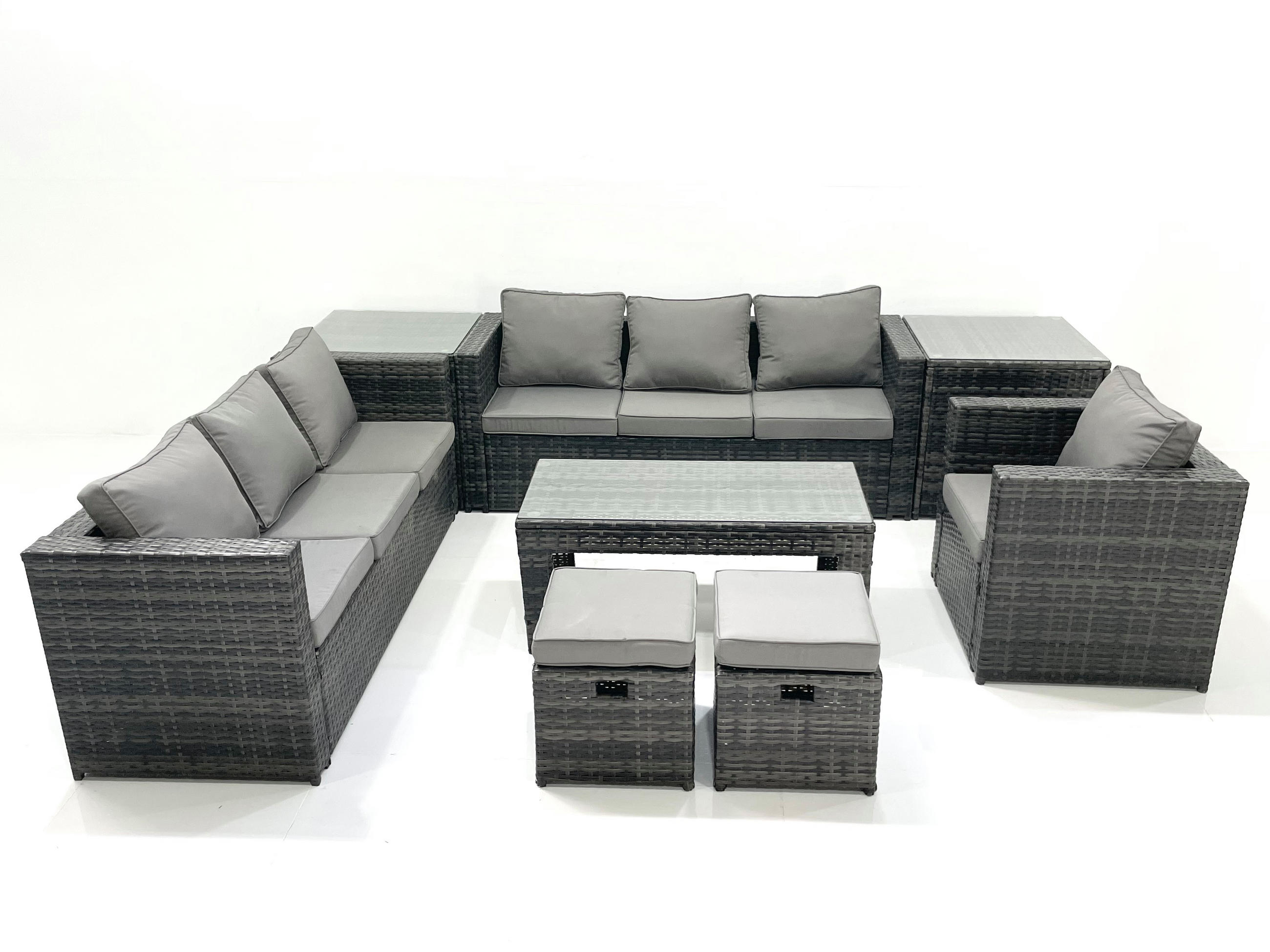 GARTENMÖBEL-SET COUCHTISCH SESSEL SOFA mit HOCKER Polyrattan Dunkelgrau Gemischt 9-Sitzer - Dunkelgrau/Grau, Glas/Kunststoff - Fimous