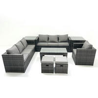 GARTENMÖBEL-SET COUCHTISCH SESSEL SOFA mit HOCKER Polyrattan Dunkelgrau Gemischt 9-Sitzer - Dunkelgrau/Grau, Glas/Kunststoff - Fimous