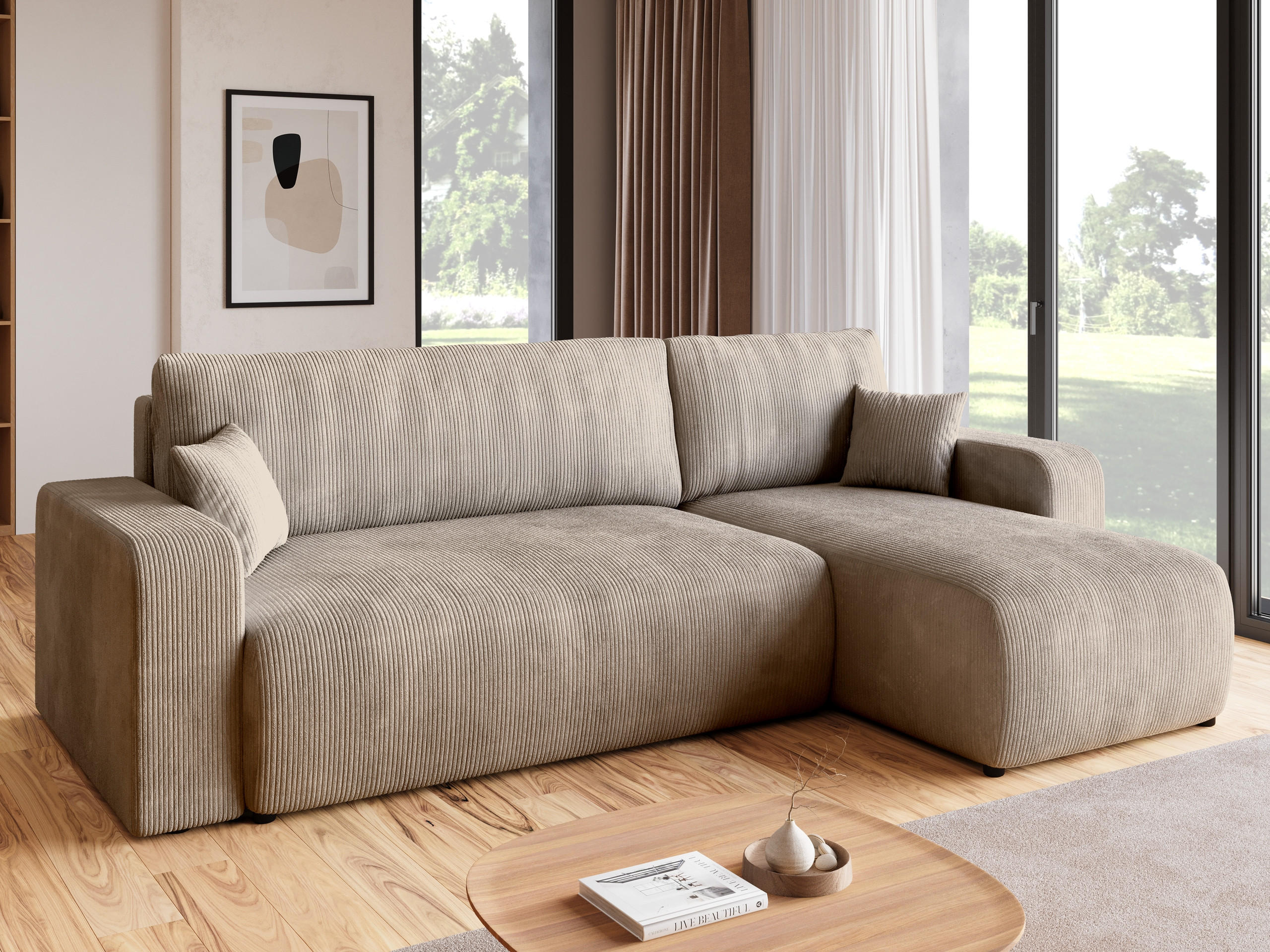 ECKSOFA PUMI mit Schlaffunktion Beige Cord - Beige, Textil (244/148cm) - Bromarkt
