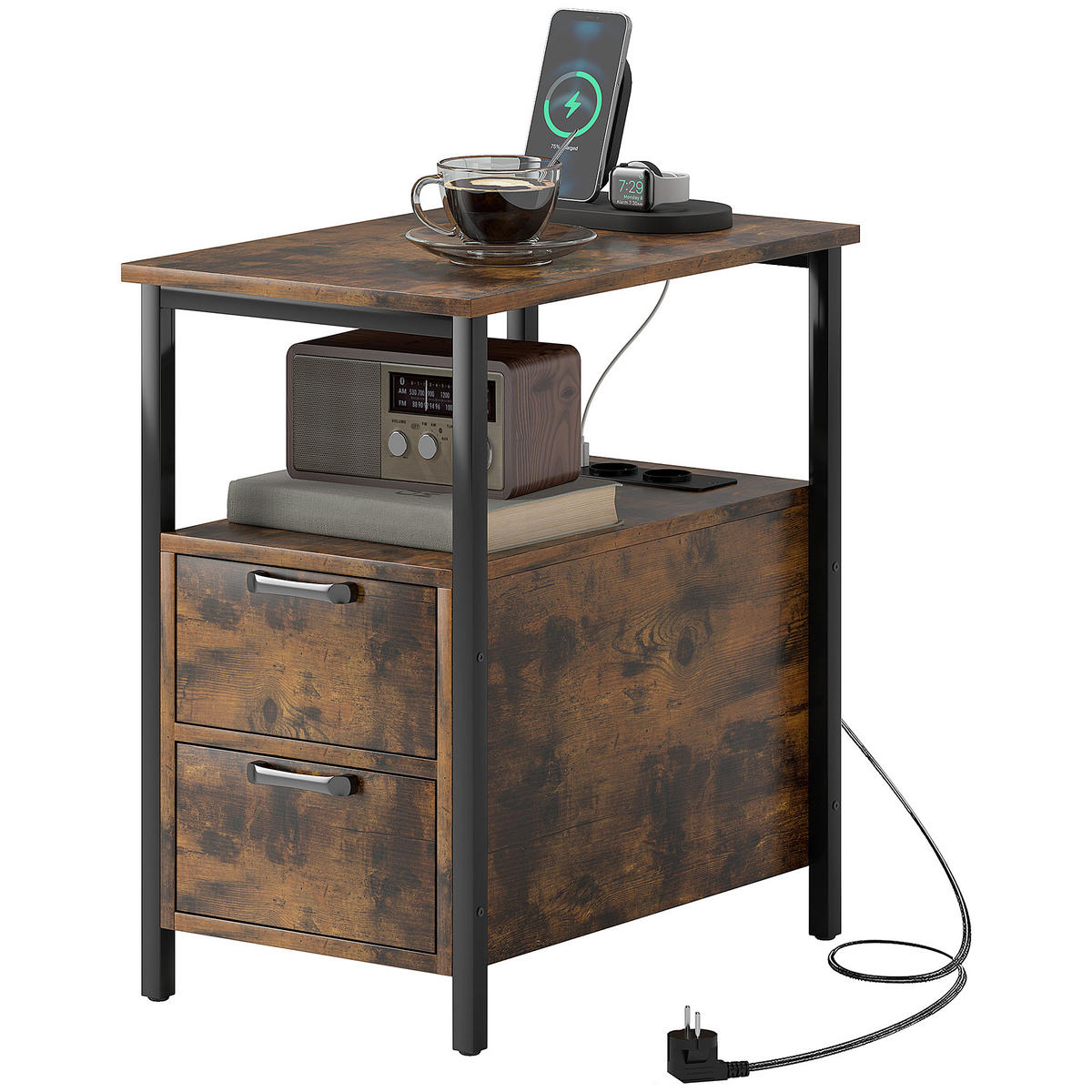 BEISTELLTISCH DE-08760 mit Ladestation, 2 Schubladen Holzoptik - Braun, Metall (55/35/58.5cm) - ComfortXL