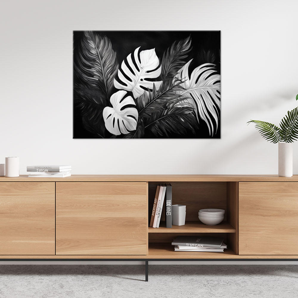 WANDBILD monstera blätter schwarz und weiß - Schwarz, Textil (100/70cm) - Feeby