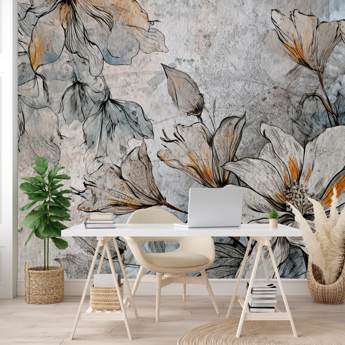 FOTOTAPETE für Büro Blumen Blätter Betongrund Vintage Pflanzen 350x256 - Grau, Papier (350/256cm) - Muralo
