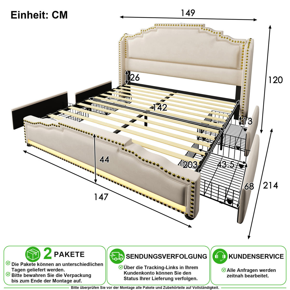 POLSTERBETT 140/200 cm in Beige Samt mit 4 Schubladen, LED und USB Type-C - Beige, Holzwerkstoff/Textil (140/200cm) - CHICFURN