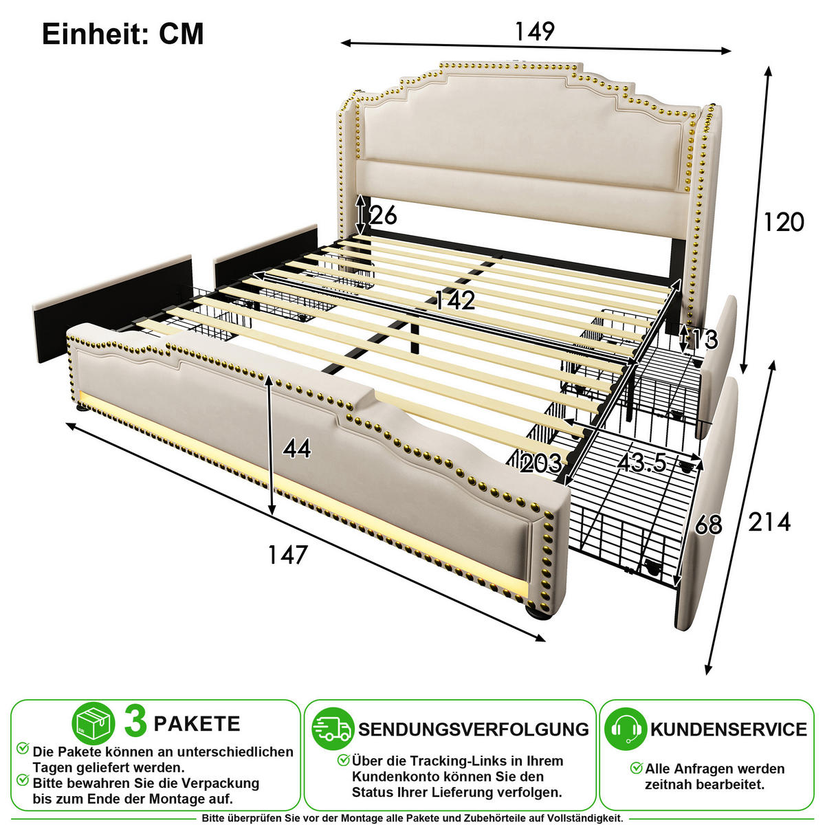 POLSTERBETT 140/200 cm in Beige Samt mit 4 Schubladen, LED, USB und Matratze - Beige, Holzwerkstoff/Textil (140/200cm) - CHICFURN