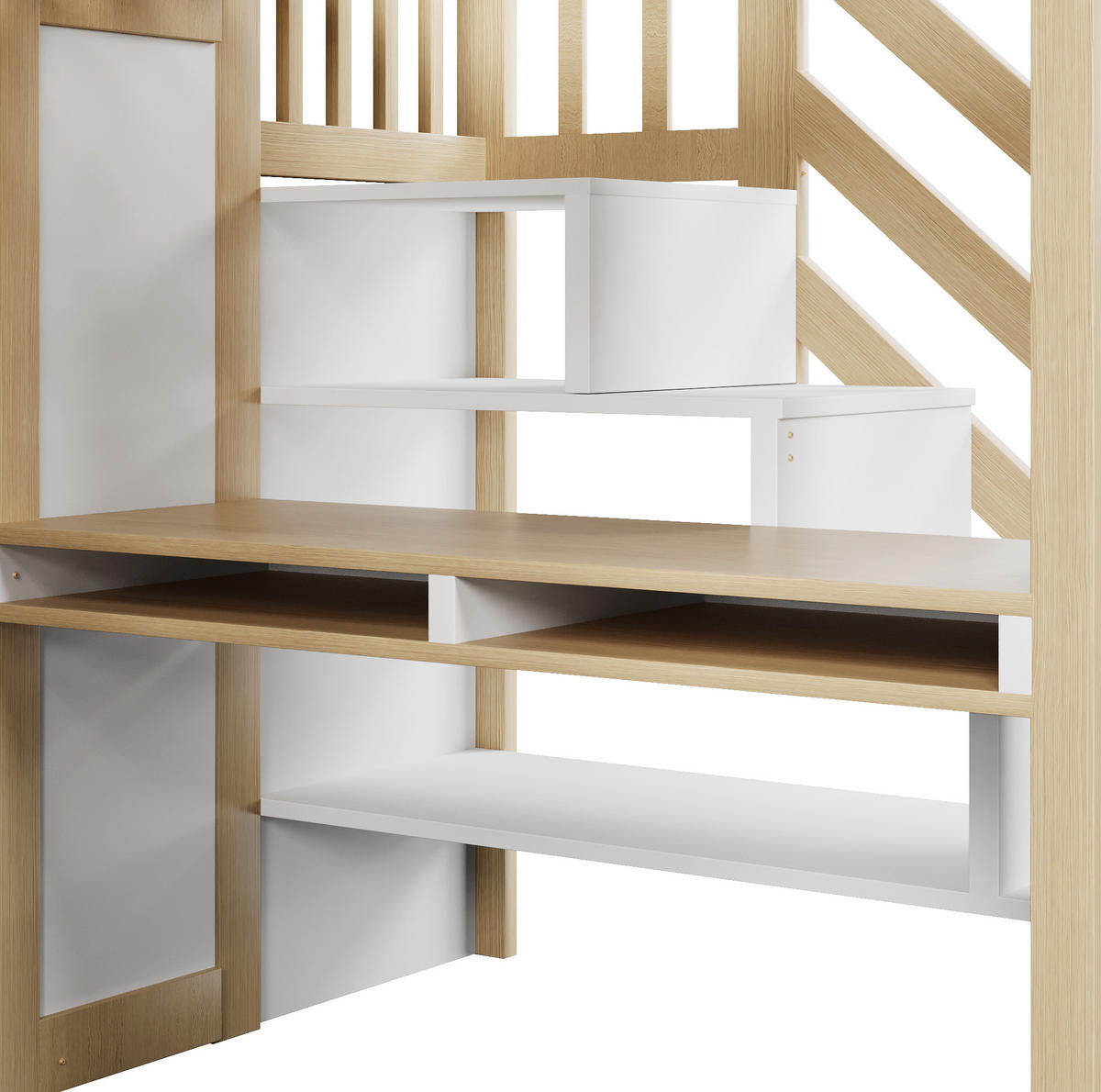 HOCHBETT 90x200 cm Weiß/Natur mit Schreibtisch, Kleiderschrank, Stauraumtreppe und LED-Beleuchtung - Weiß, Holzwerkstoff (90/200cm) - IVMEU