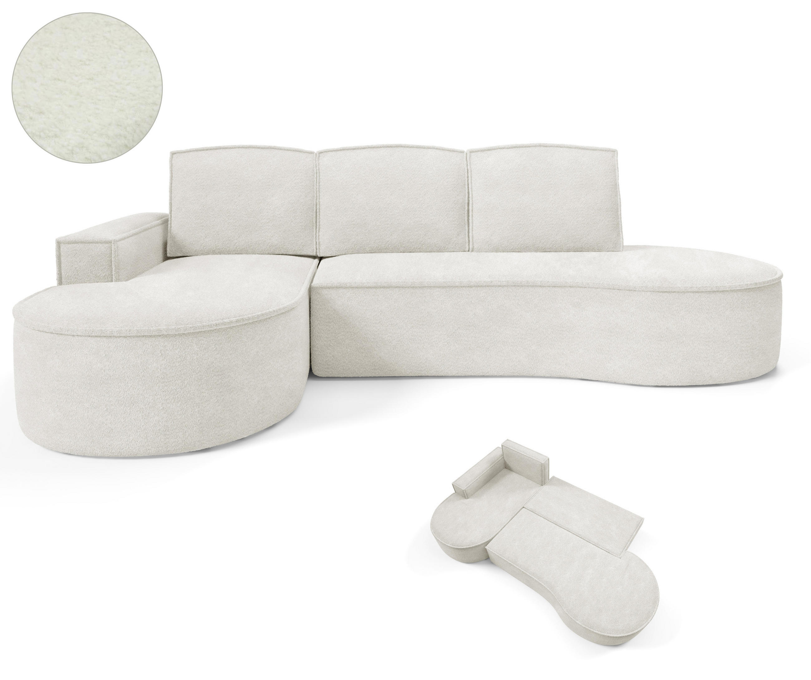 ECKSOFA MOLLY mit Schlaffunktion – Halbrund, freistehend, Liegefläche 140x207 cm, 3 Kissen, Abriamo-Stoff, 277x157x88 cm, Links Weiß - Weiß, Holz/Textil (157/277cm) - DomoHome