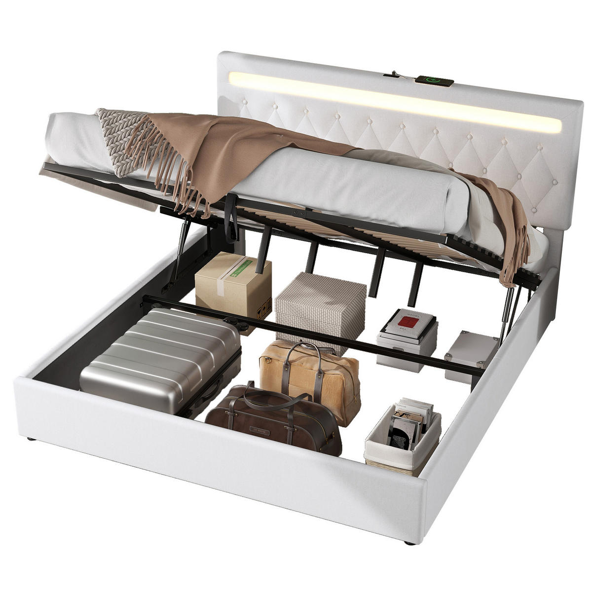 BETT mit Stauraum 180x200 cm Leinen Weiß mit LED und USB - Weiß, Metall (180/200cm) - Meubliv