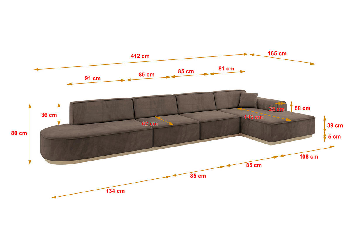 ECKSOFA Ottomane Rechts IREA-L3 - 412x165x80 cm Braun - Braun, Holzwerkstoff/Textil (412/165cm) - ALTDECOR