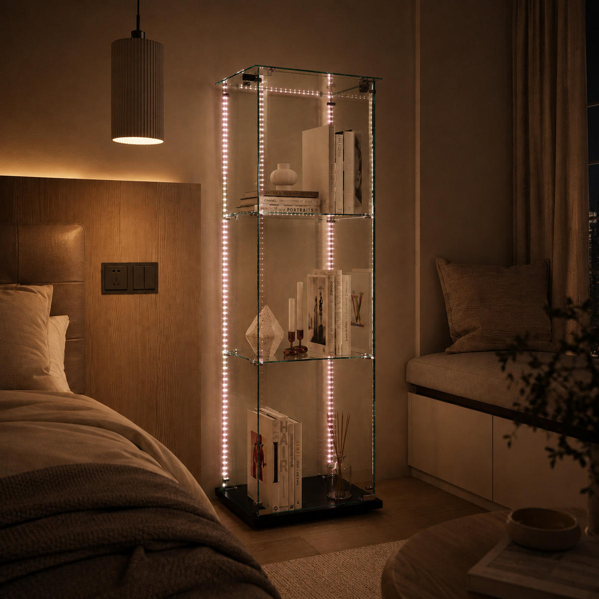 VITRINE mit RGB-Randbeleuchtung, 3-stufig, Schwarz - Schwarz, Glas (39.8/123.3/35cm) - Joyfair